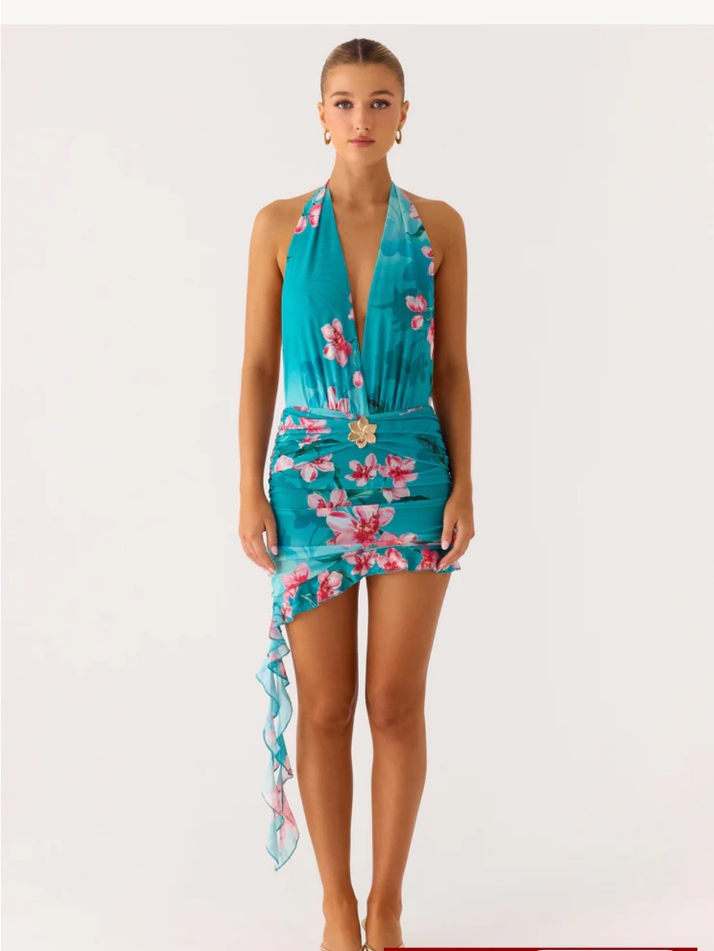 Peppermayo Teal Halter Mini Dress with Pink Floral Print - Picture 3 of 5